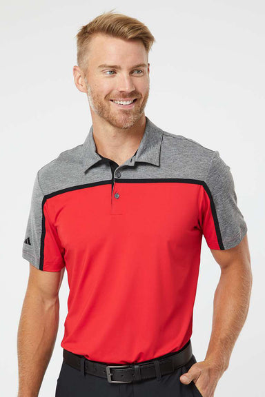 Adidas A512 Mens Ultimate Colorblock Moisture Wicking Short Sleeve Polo Shirt Collegiate Red/Black/Grey Melange Model Front