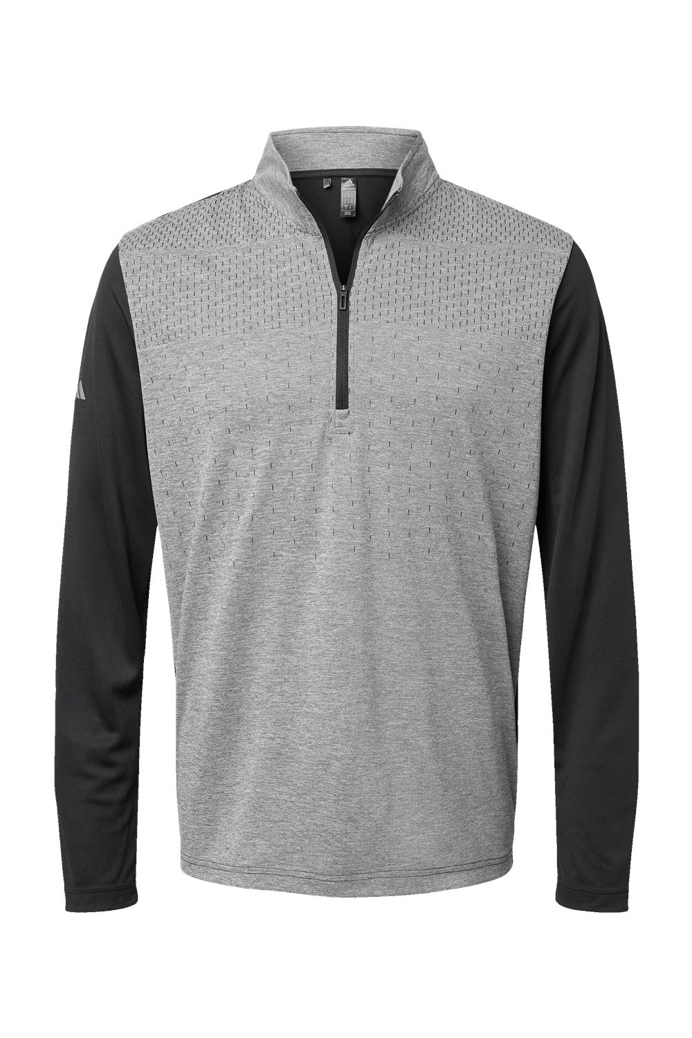 Adidas A522 Mens Heather Block Print Moisture Wicking 1/4 Zip Sweatshirt Black Melange/Black/Grey Flat Front