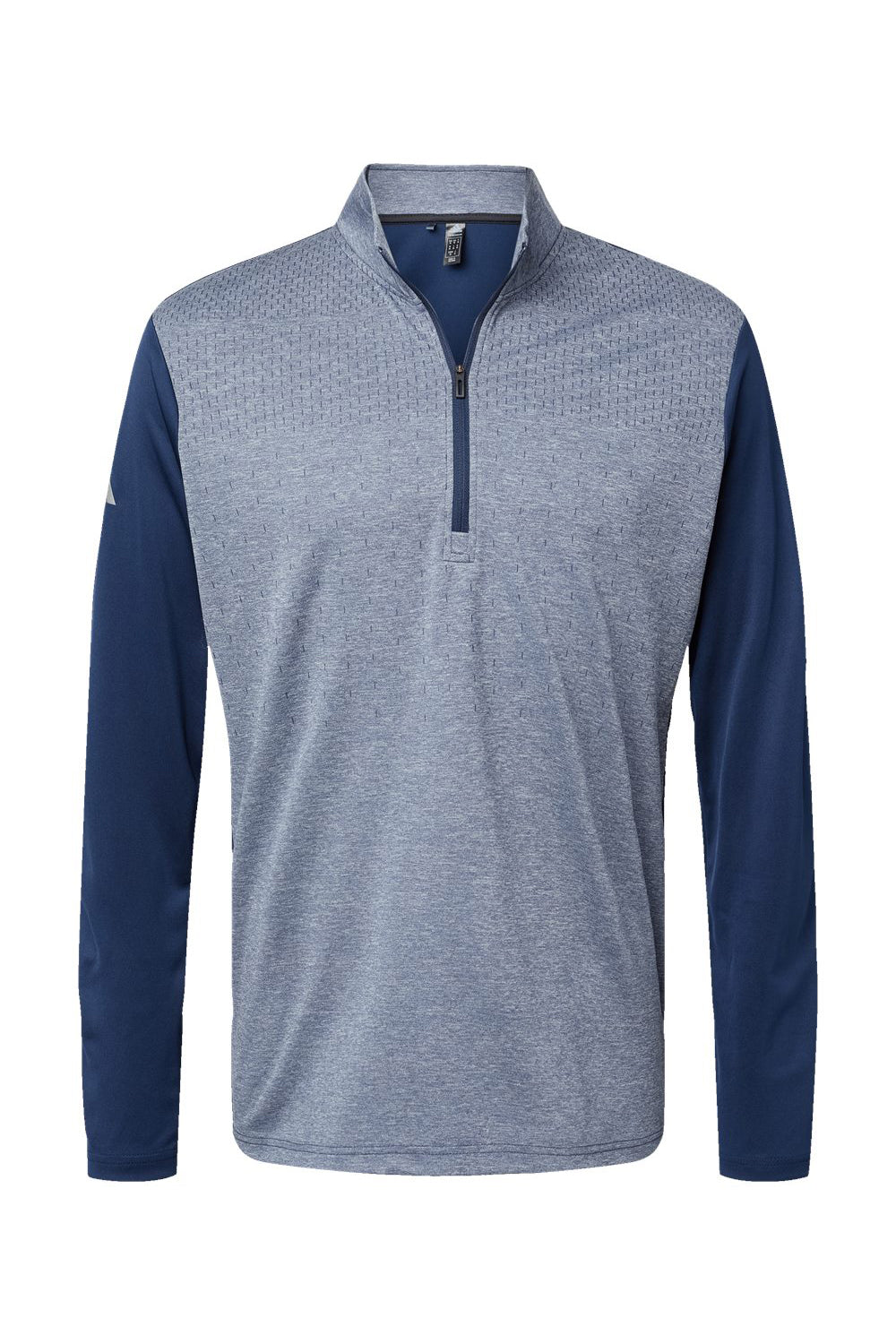 Adidas A522 Mens Heather Block Print Moisture Wicking 1/4 Zip Sweatshirt Collegiate Navy Blue Melange/Navy Blue/Grey Flat Front