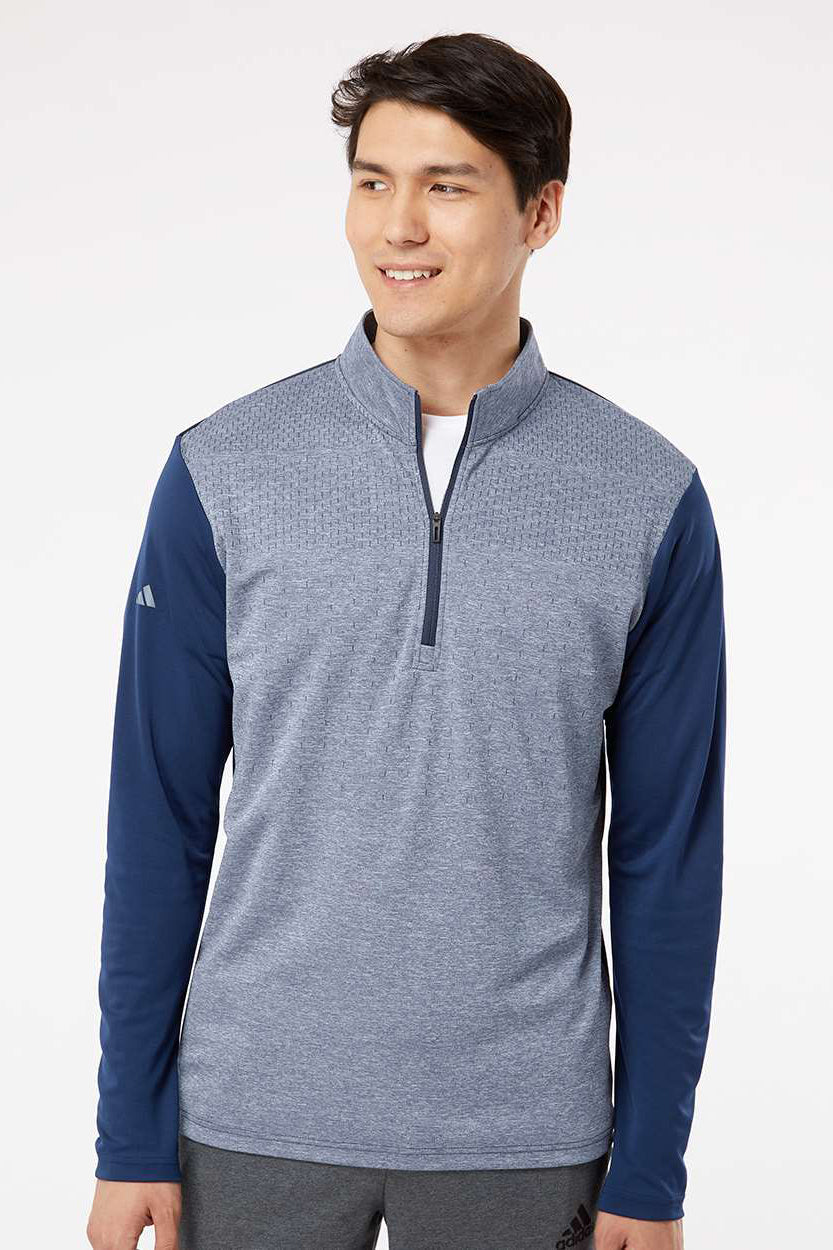 Adidas A522 Mens Heather Block Print Moisture Wicking 1/4 Zip Sweatshirt Collegiate Navy Blue Melange/Navy Blue/Grey Model Front