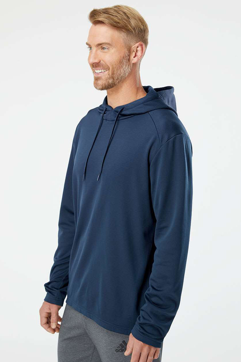 Adidas A530 Mens Textured Mixed Media Hooded Sweatshirt Hoodie Collegiate Navy Blue Model Side