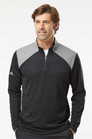 Adidas A532 Mens Textured Mixed Media 1/4 Zip Sweatshirt w/ Pockets Black/Grey Model Front
