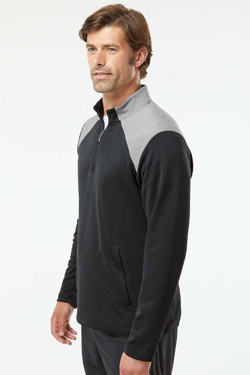 Adidas A532 Mens Textured Mixed Media 1/4 Zip Sweatshirt w/ Pockets Black/Grey Model Side
