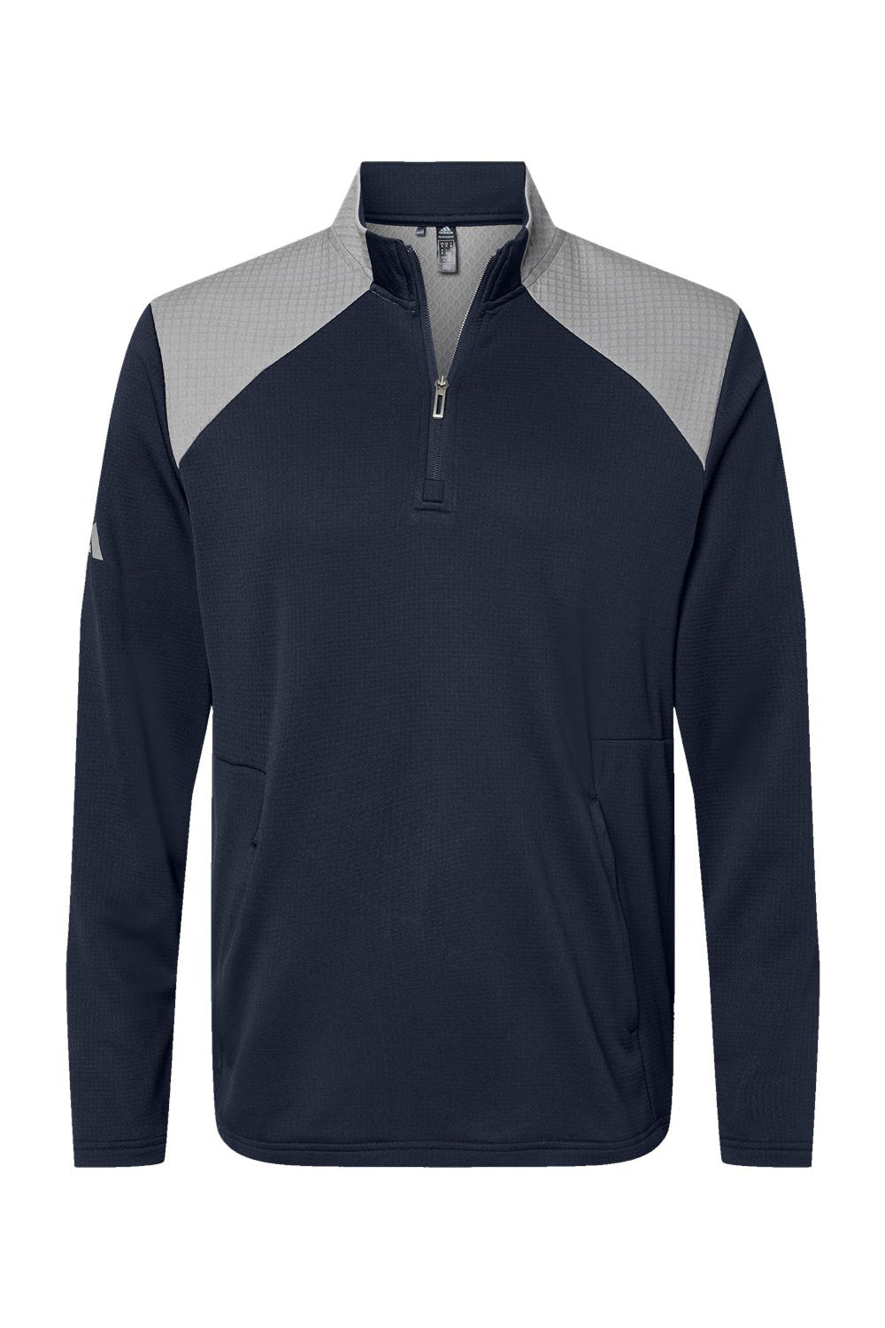 Adidas A532 Mens Textured Mixed Media 1/4 Zip Pullover Collegiate Navy Blue/Grey Flat Front