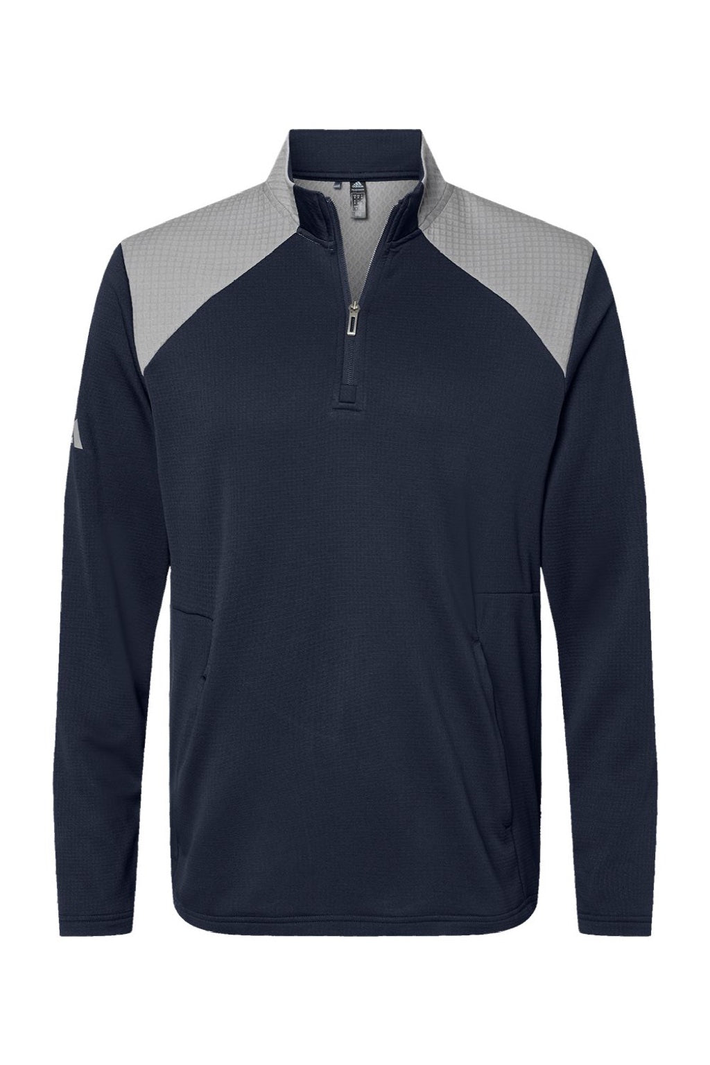 Adidas A532 Mens Textured Mixed Media 1/4 Zip Sweatshirt w/ Pockets Collegiate Navy Blue/Grey Flat Front