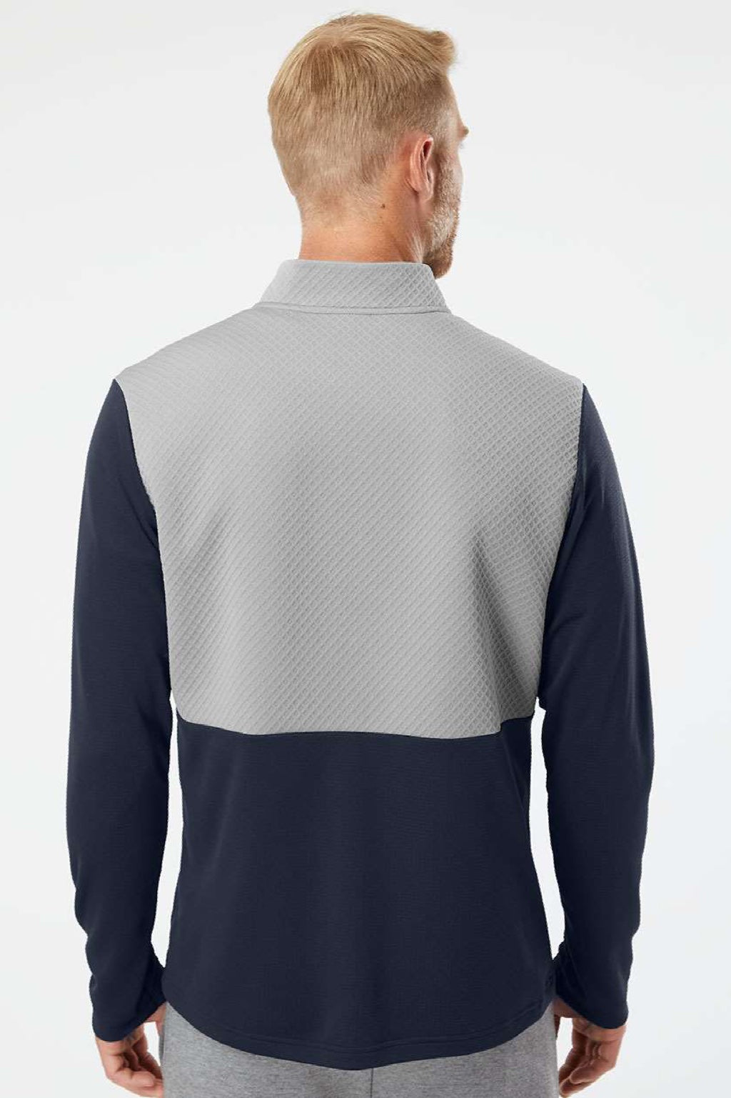 Adidas A532 Mens Textured Mixed Media 1/4 Zip Sweatshirt w/ Pockets Collegiate Navy Blue/Grey Model Back