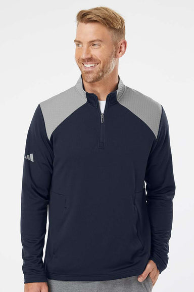 Adidas A532 Mens Textured Mixed Media 1/4 Zip Pullover Collegiate Navy Blue/Grey Model Front