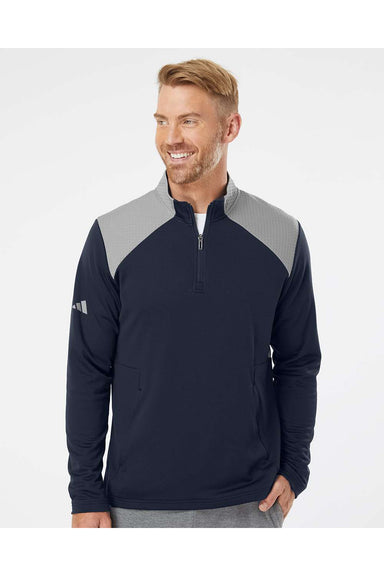 Adidas A532 Mens Textured Mixed Media 1/4 Zip Pullover Collegiate Navy Blue/Grey Model Front