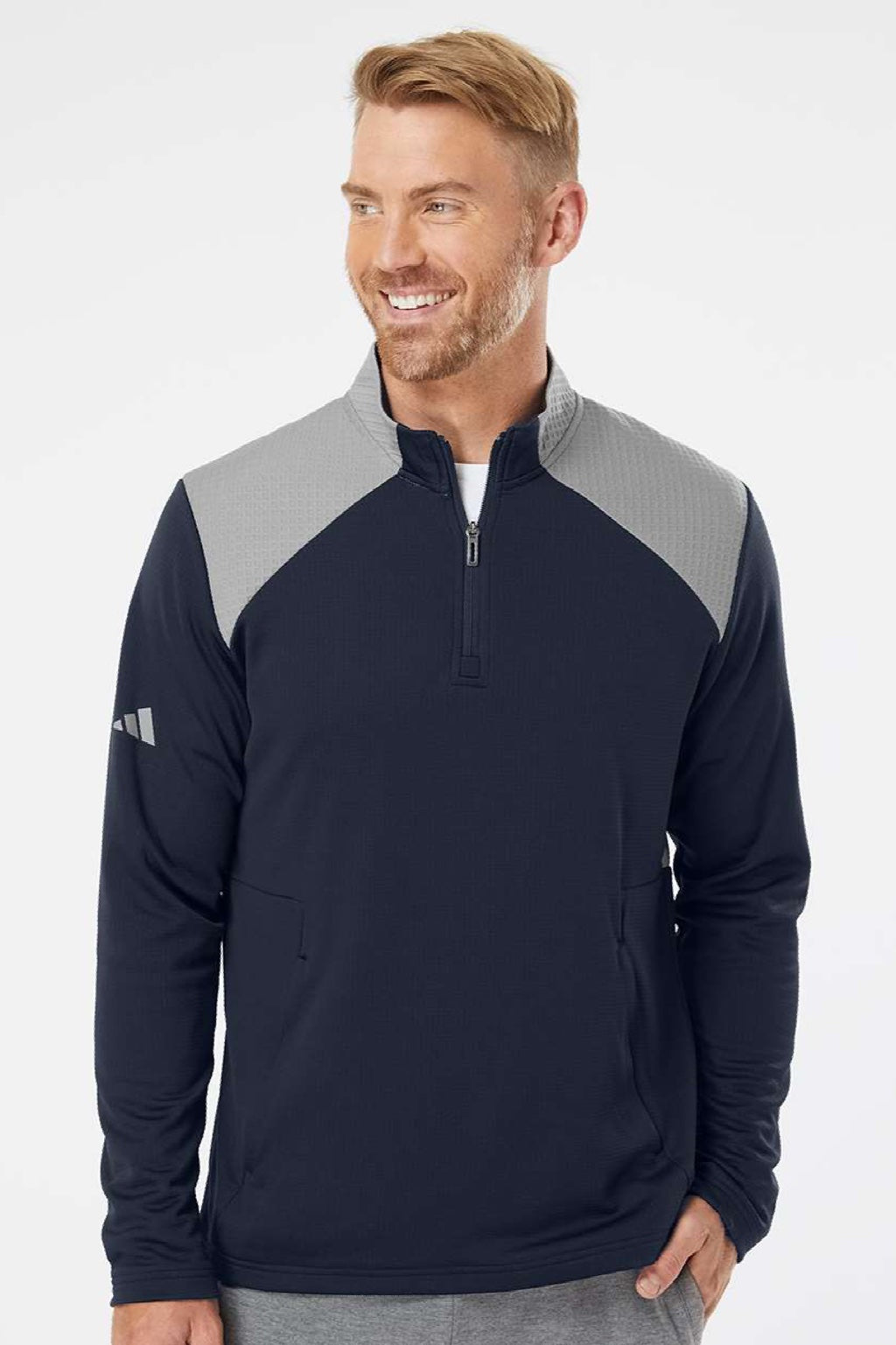 Adidas A532 Mens Textured Mixed Media 1/4 Zip Sweatshirt w/ Pockets Collegiate Navy Blue/Grey Model Front