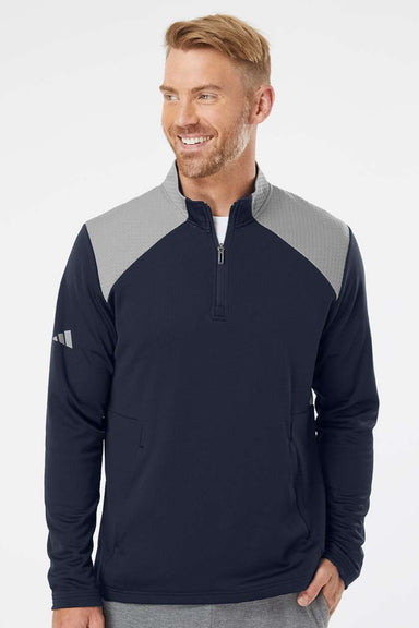 Adidas A532 Mens Textured Mixed Media 1/4 Zip Sweatshirt w/ Pockets Collegiate Navy Blue/Grey Model Front