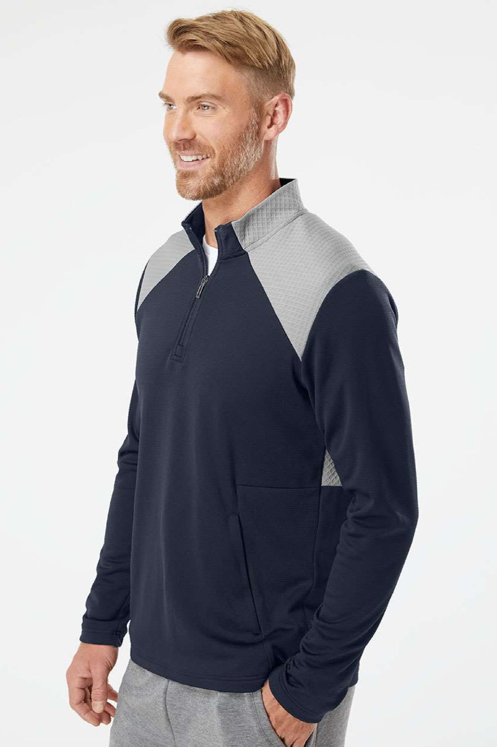 Adidas A532 Mens Textured Mixed Media 1/4 Zip Sweatshirt w/ Pockets Collegiate Navy Blue/Grey Model Side