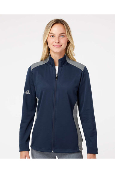 Adidas A529 Womens Textured Mixed Media Full Zip Jacket Collegiate Navy Blue/Grey Model Front