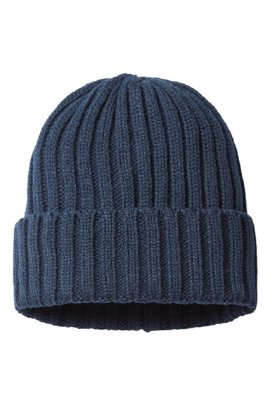 Atlantis Hats SHORE Unisex Sustainable Cable Knit Cuffed Beanie Navy Blue Flat Front