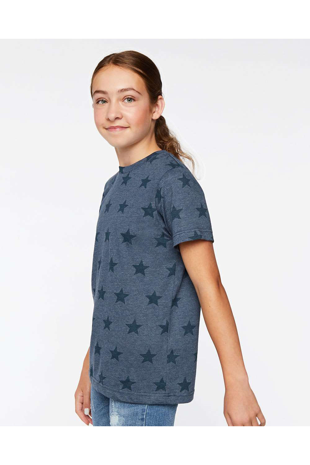 Code Five 2229 Youth Star Print Short Sleeve Crewneck T-Shirt Denim Blue Model Side