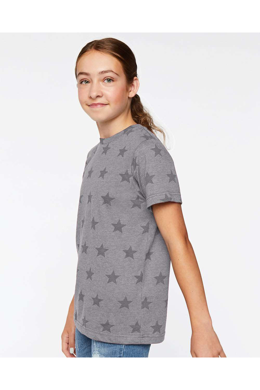 Code Five 2229 Youth Star Print Short Sleeve Crewneck T-Shirt Heather Granite Grey Model Side