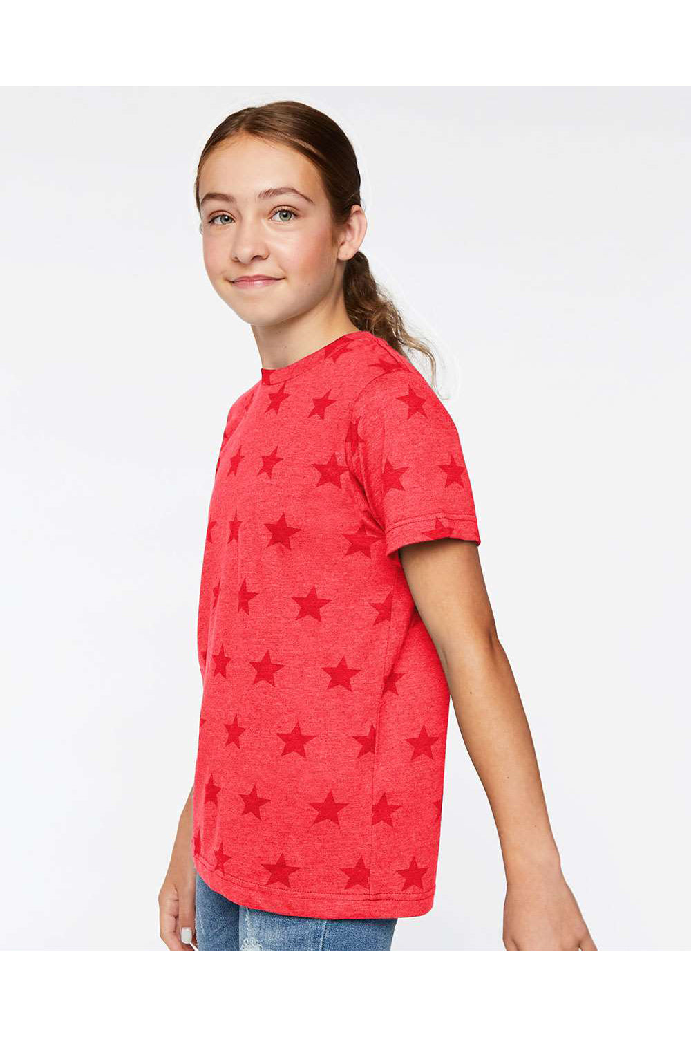 Code Five 2229 Youth Star Print Short Sleeve Crewneck T-Shirt Red Model Side