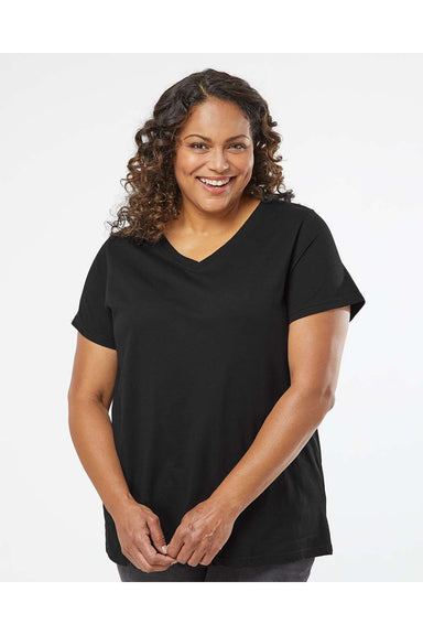LAT 3817 Womens Curvy Collection Fine Jersey Short Sleeve V-Neck T-Shirt Blended Black Model Front