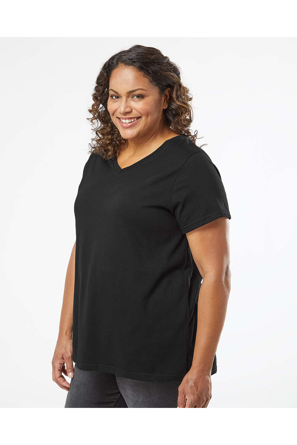 LAT 3817 Womens Curvy Collection Fine Jersey Short Sleeve V-Neck T-Shirt Blended Black Model Side