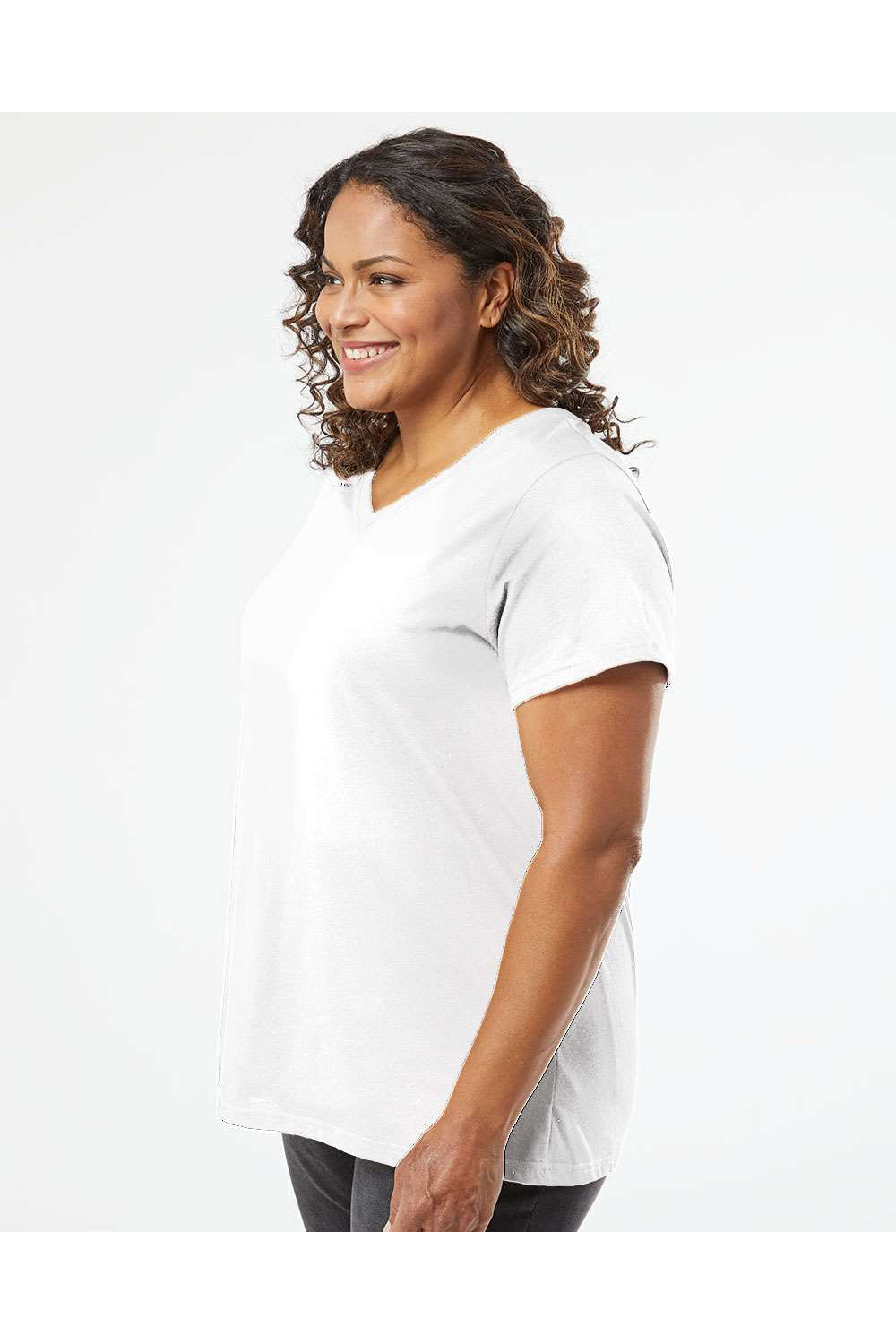 LAT 3817 Womens Curvy Collection Fine Jersey Short Sleeve V-Neck T-Shirt Blended White Model Side