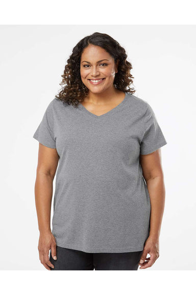 LAT 3817 Womens Curvy Collection Fine Jersey Short Sleeve V-Neck T-Shirt Heather Granite Grey Model Front
