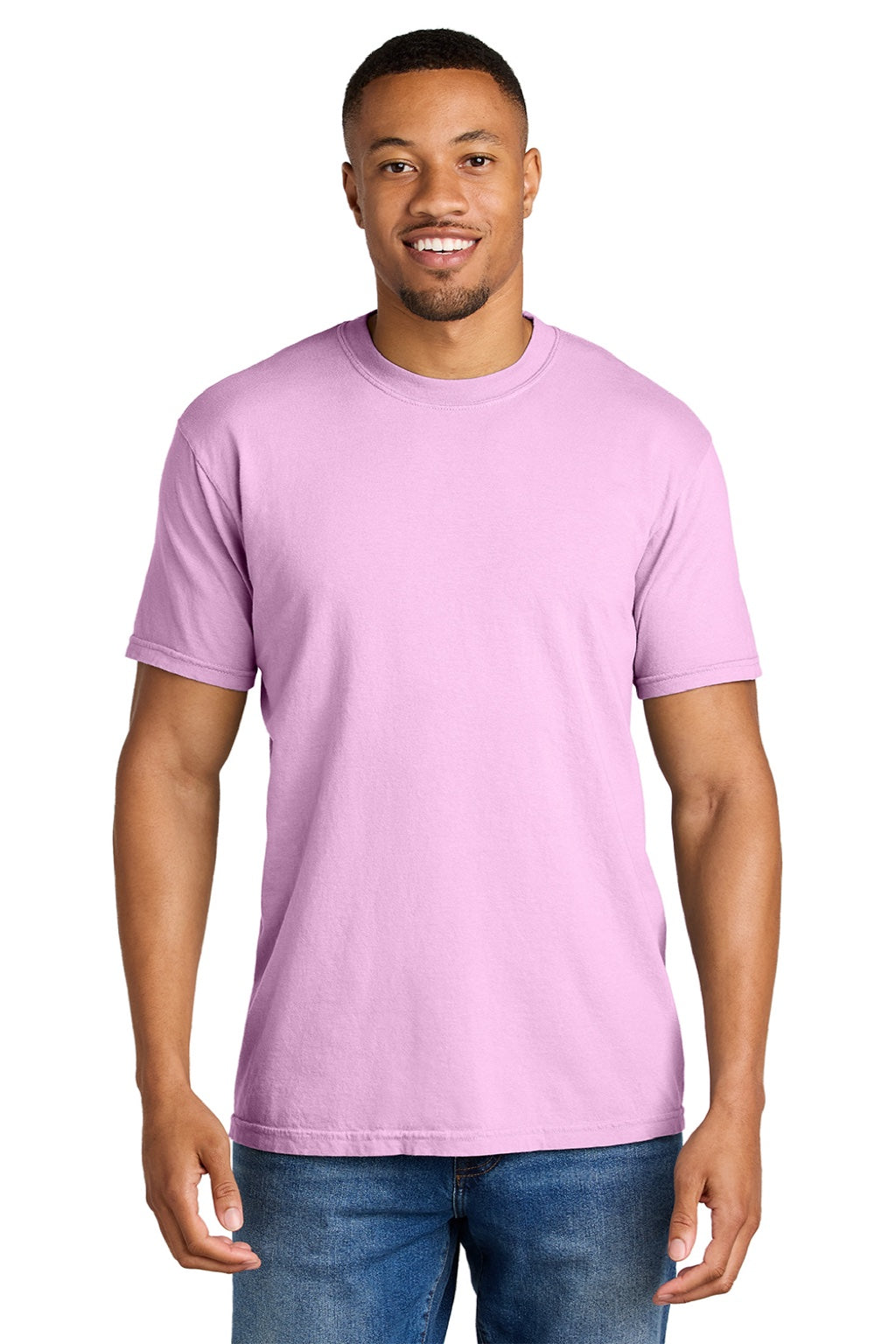 Comfort Colors 1717 Mens Short Sleeve Crewneck T-Shirt Rose Quartz Pink Model Front