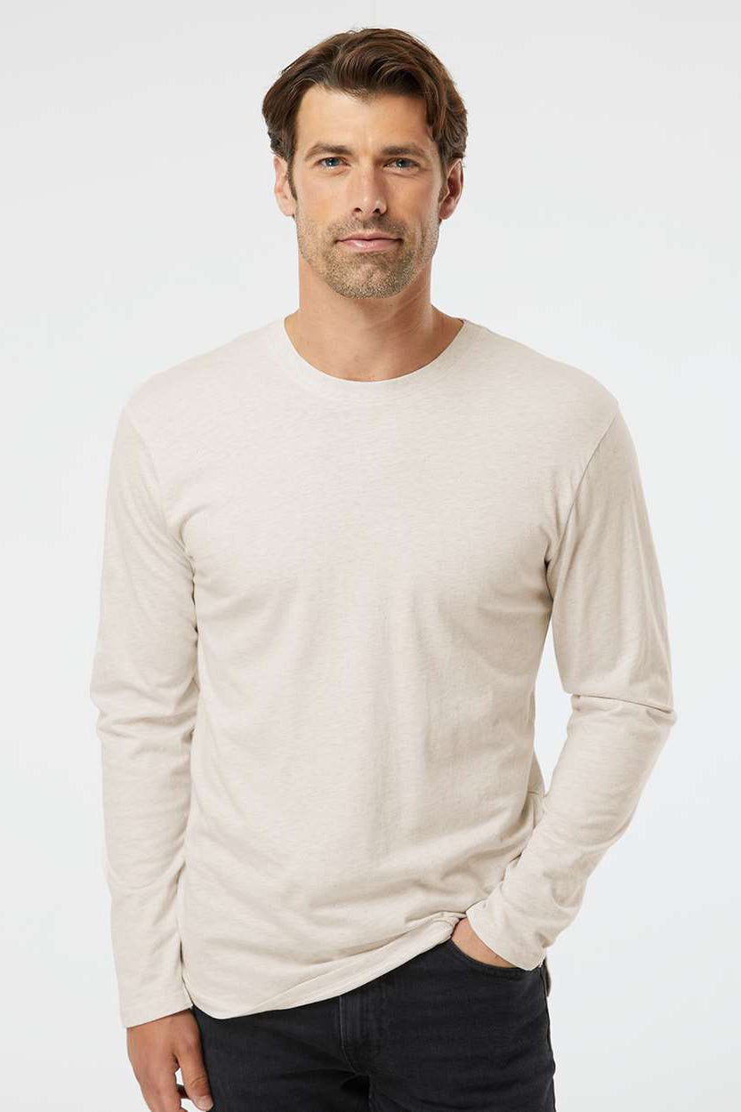 LAT 6918 Mens Fine Jersey Long Sleeve Crewneck T-Shirt Heather Natural Model Front