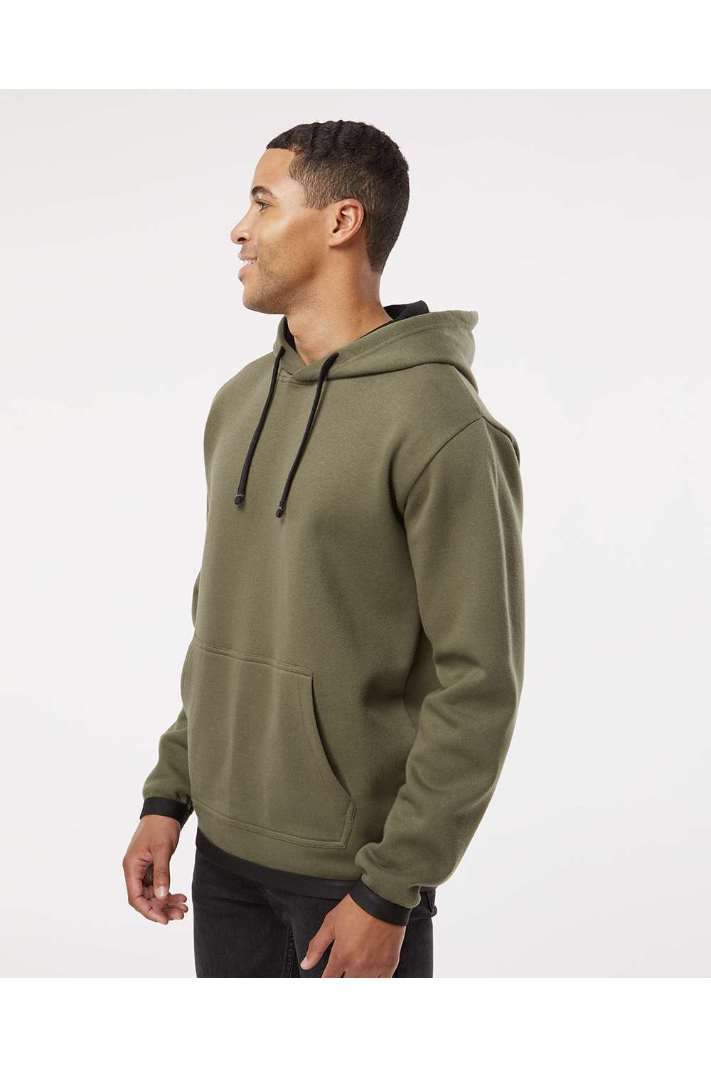 LAT 6996 Mens The Statement Fleece Hooded Sweatshirt Hoodie Military Green/Black Model Side