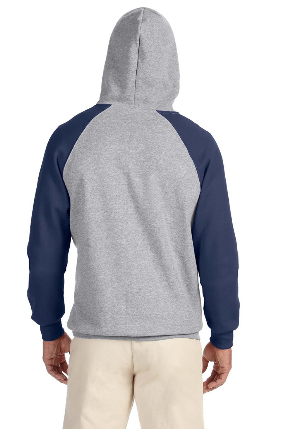 Jerzees 96CR Mens NuBlend Pill Resistant Fleece Hooded Sweatshirt Hoodie w/ Pouch Pocket Oxford Grey/Navy Blue Model Back