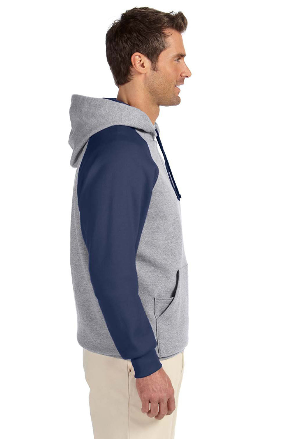 Jerzees 96CR Mens NuBlend Pill Resistant Fleece Hooded Sweatshirt Hoodie w/ Pouch Pocket Oxford Grey/Navy Blue Model Side