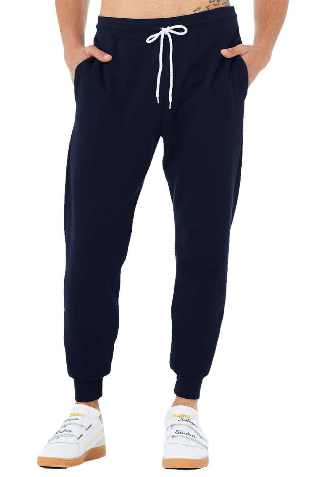 Bella + Canvas BC3727/3727 Mens Jogger Sweatpants w/ Pockets Navy Blue Flat Front