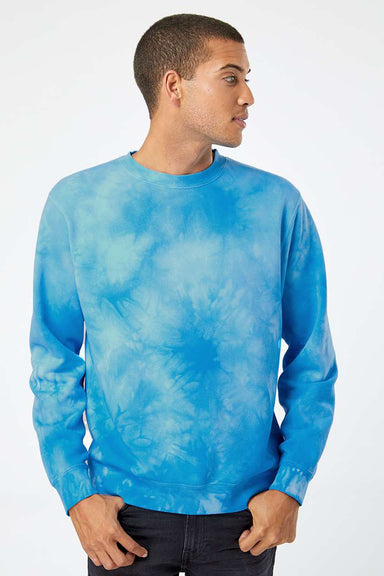 Independent Trading Company PRM3500TD Mens Tie-Dye Crewneck Sweatshirt Aqua Blue Model Front