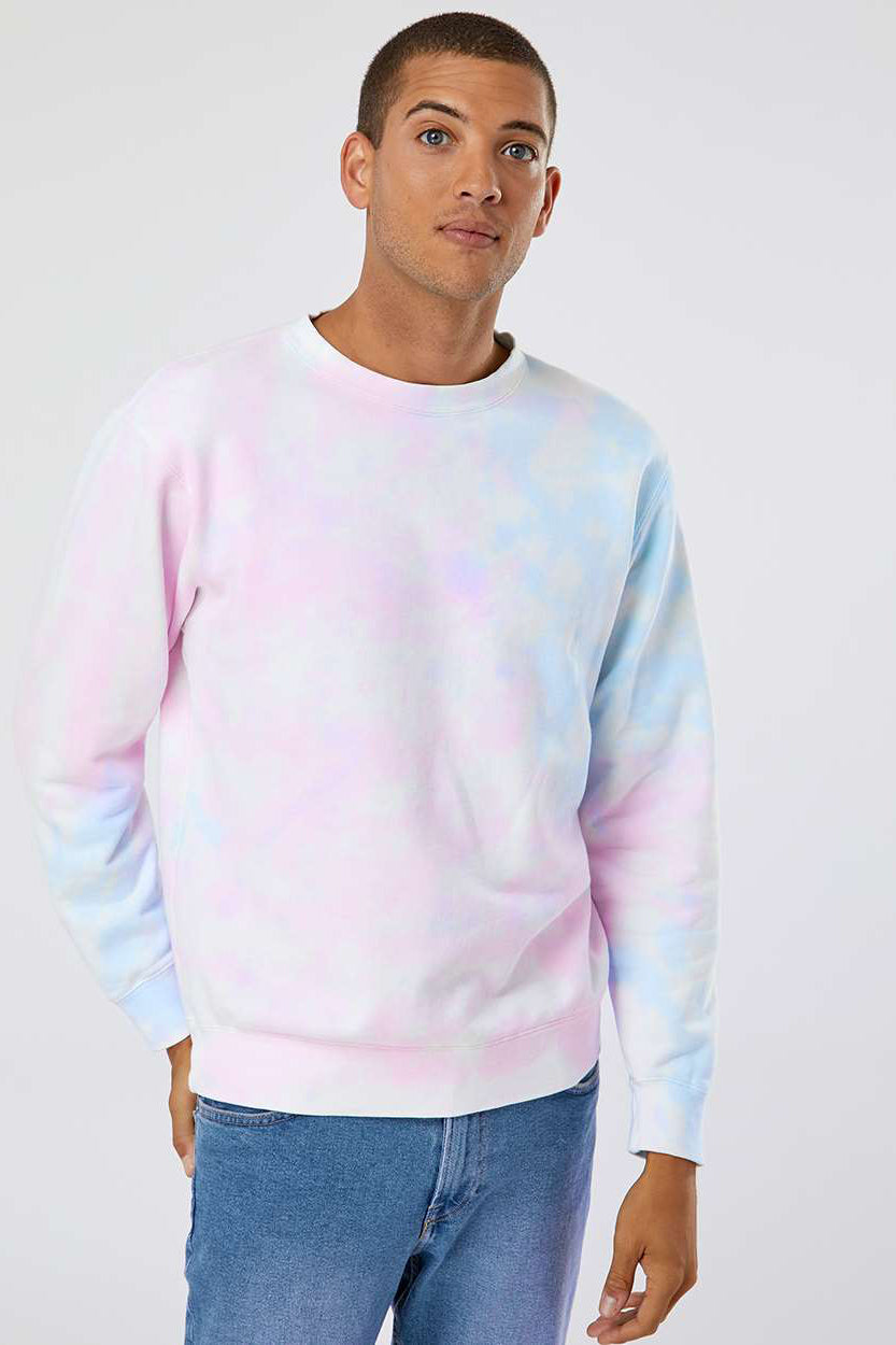 Independent Trading Company PRM3500TD Mens Tie-Dye Crewneck Sweatshirt Cotton Candy Model Front