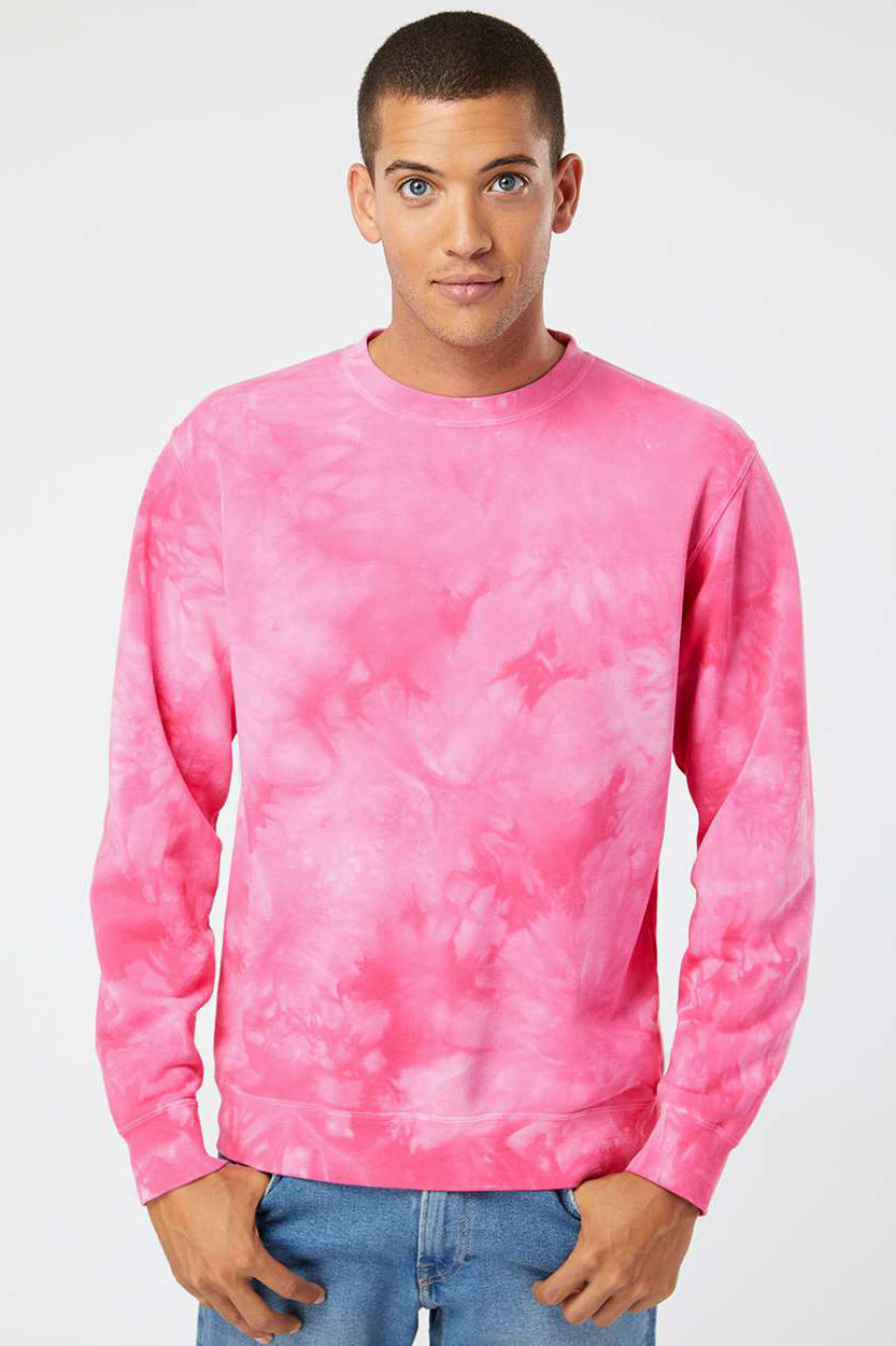 Independent Trading Company PRM3500TD Mens Tie-Dye Crewneck Sweatshirt Pink Model Front
