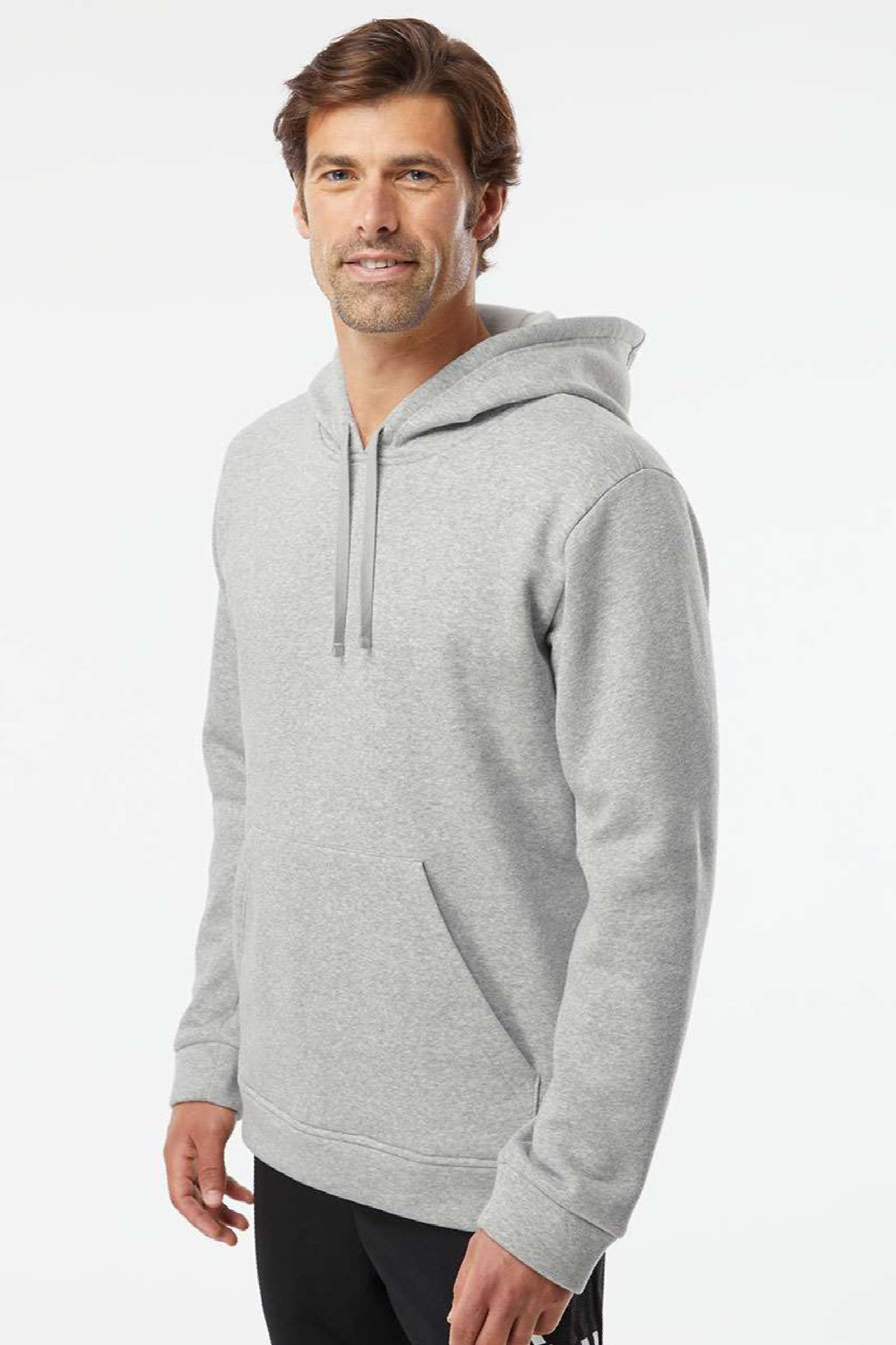 Adidas A432 Mens Fleece Hooded Sweatshirt Hoodie w/ Pouch Pocket Heather Grey Model Side