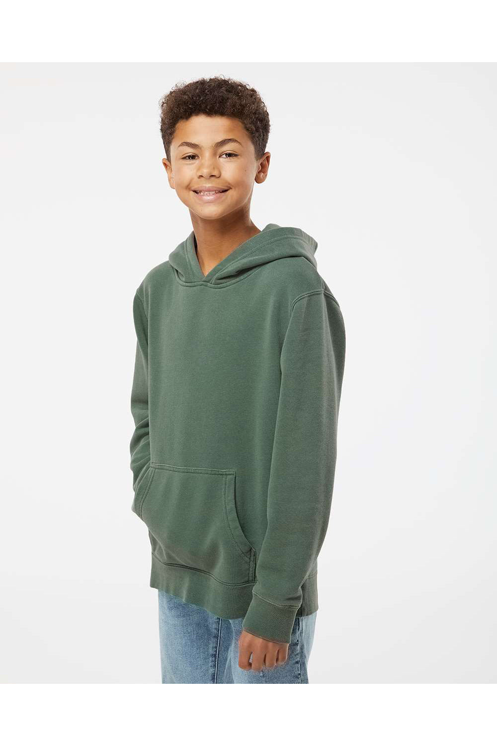 Independent Trading Co. PRM1500Y Youth Pigment Dyed Hooded Sweatshirt Hoodie Alpine Green Model Side