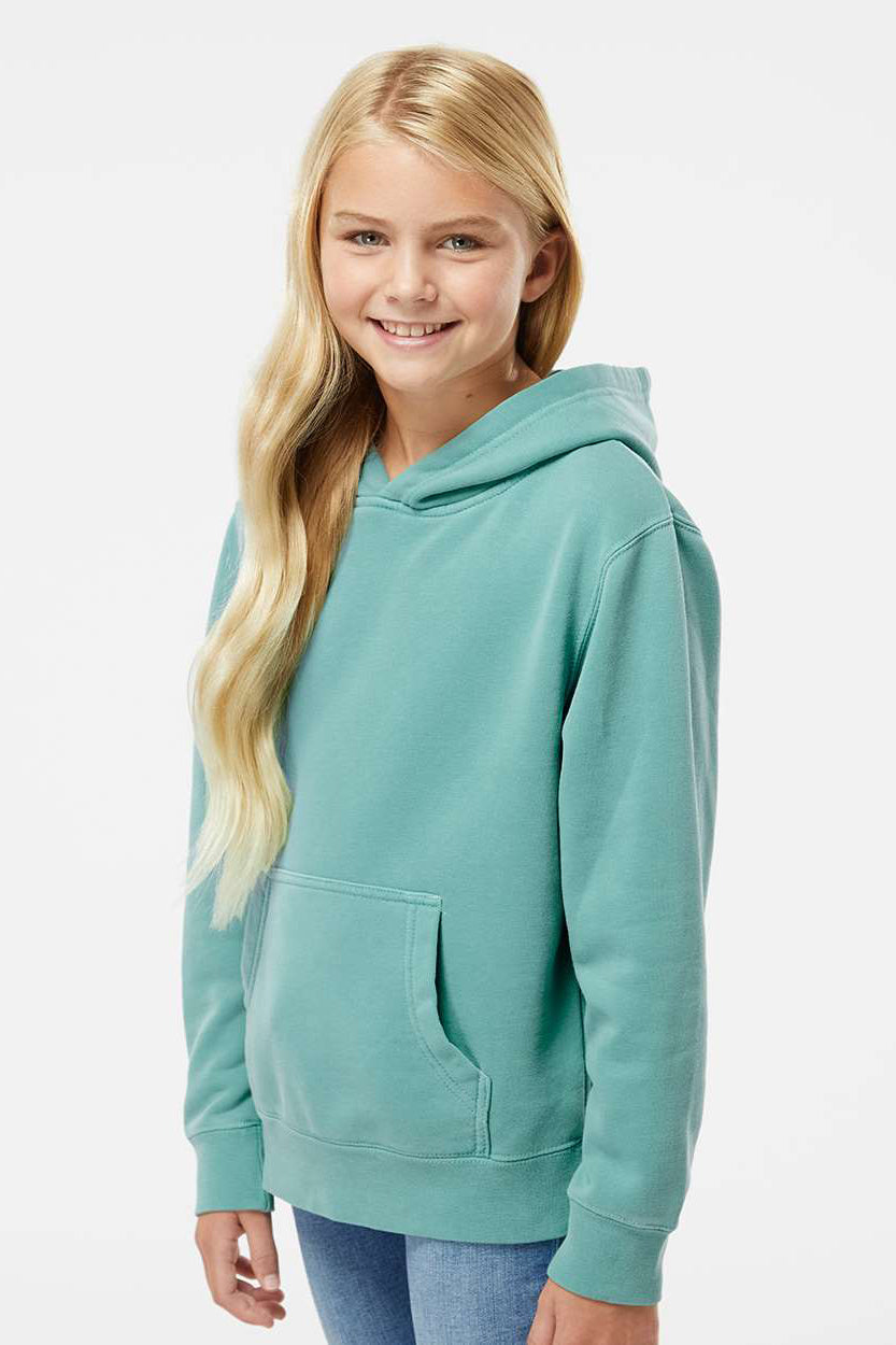 Independent Trading Company PRM1500Y Youth Pigment Dyed Hooded Sweatshirt Hoodie w/ Pouch Pocket Mint Green Model Side