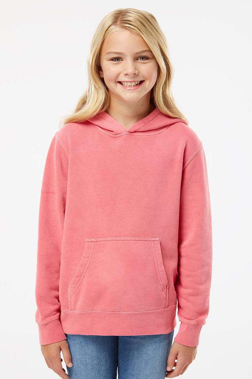 Independent Trading Company PRM1500Y Youth Pigment Dyed Hooded Sweatshirt Hoodie w/ Pouch Pocket Pink Model Front