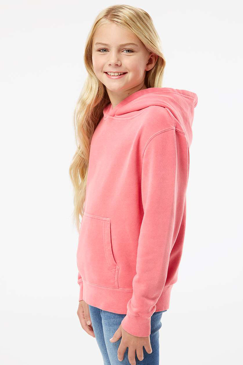 Independent Trading Company PRM1500Y Youth Pigment Dyed Hooded Sweatshirt Hoodie w/ Pouch Pocket Pink Model Side