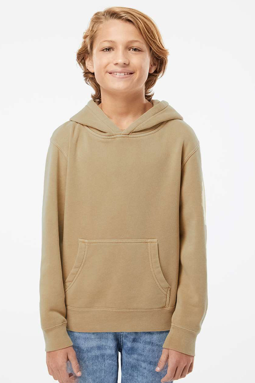 Independent Trading Company PRM1500Y Youth Pigment Dyed Hooded Sweatshirt Hoodie w/ Pouch Pocket Sandstone Brown Model Front