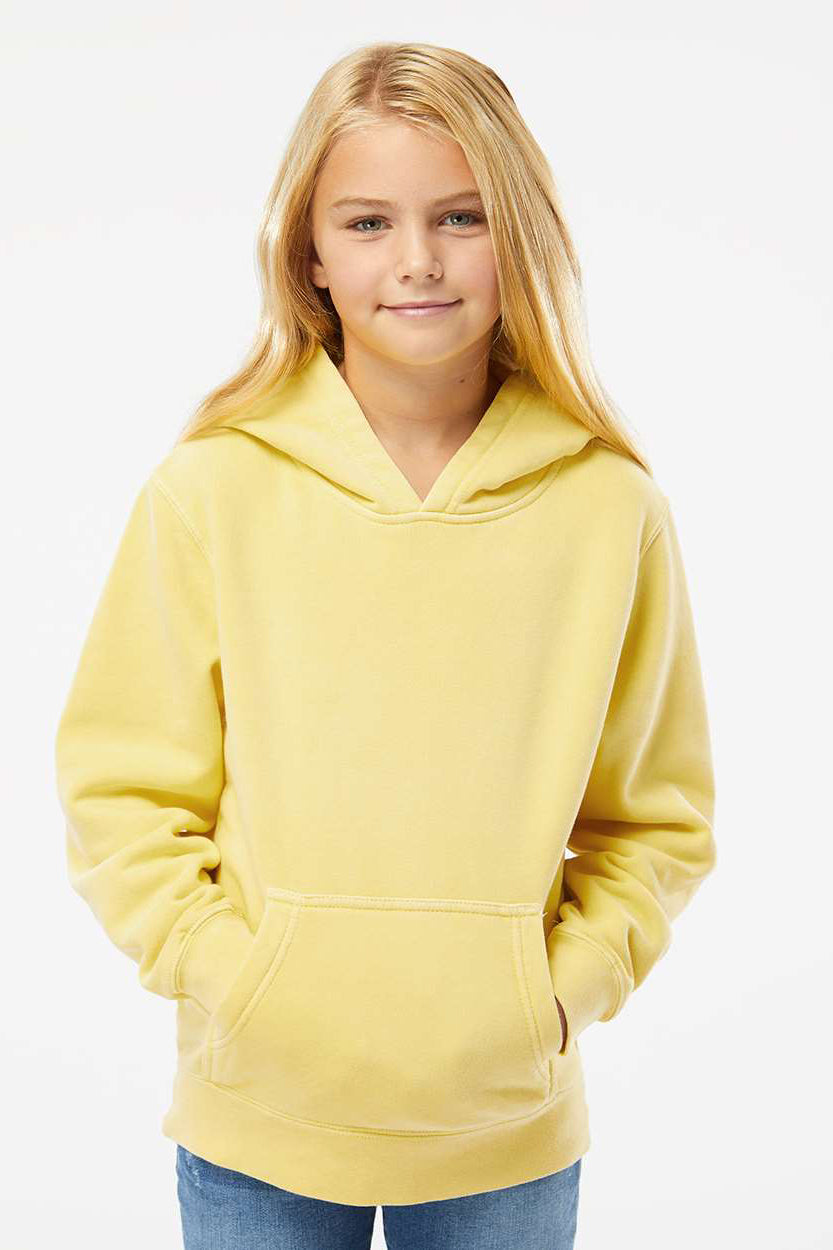 Independent Trading Company PRM1500Y Youth Pigment Dyed Hooded Sweatshirt Hoodie w/ Pouch Pocket Yellow Model Front