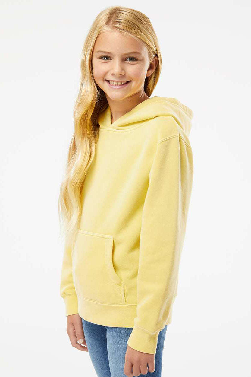 Independent Trading Company PRM1500Y Youth Pigment Dyed Hooded Sweatshirt Hoodie w/ Pouch Pocket Yellow Model Side