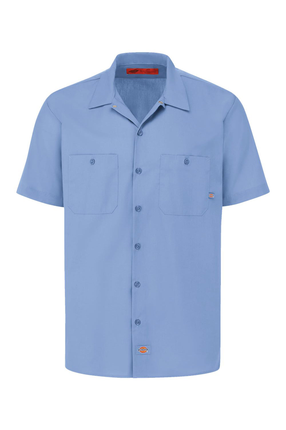 Dickies S535 Mens Industrial Wrinkle Resistant Short Sleeve Button Down Work Shirt w/ Double Pockets Light Blue Flat Front