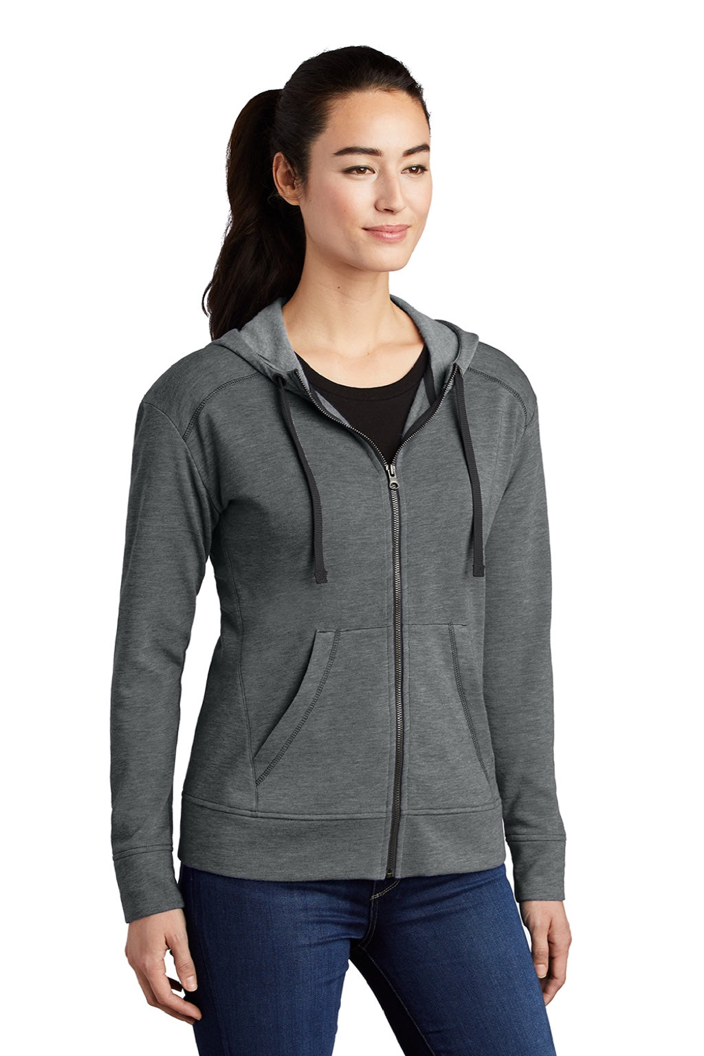 Sport-Tek LST293 Womens Moisture Wicking Fleece Full Zip Hooded Sweatshirt Hoodie w/ Pockets Heather Dark Grey Model 3q