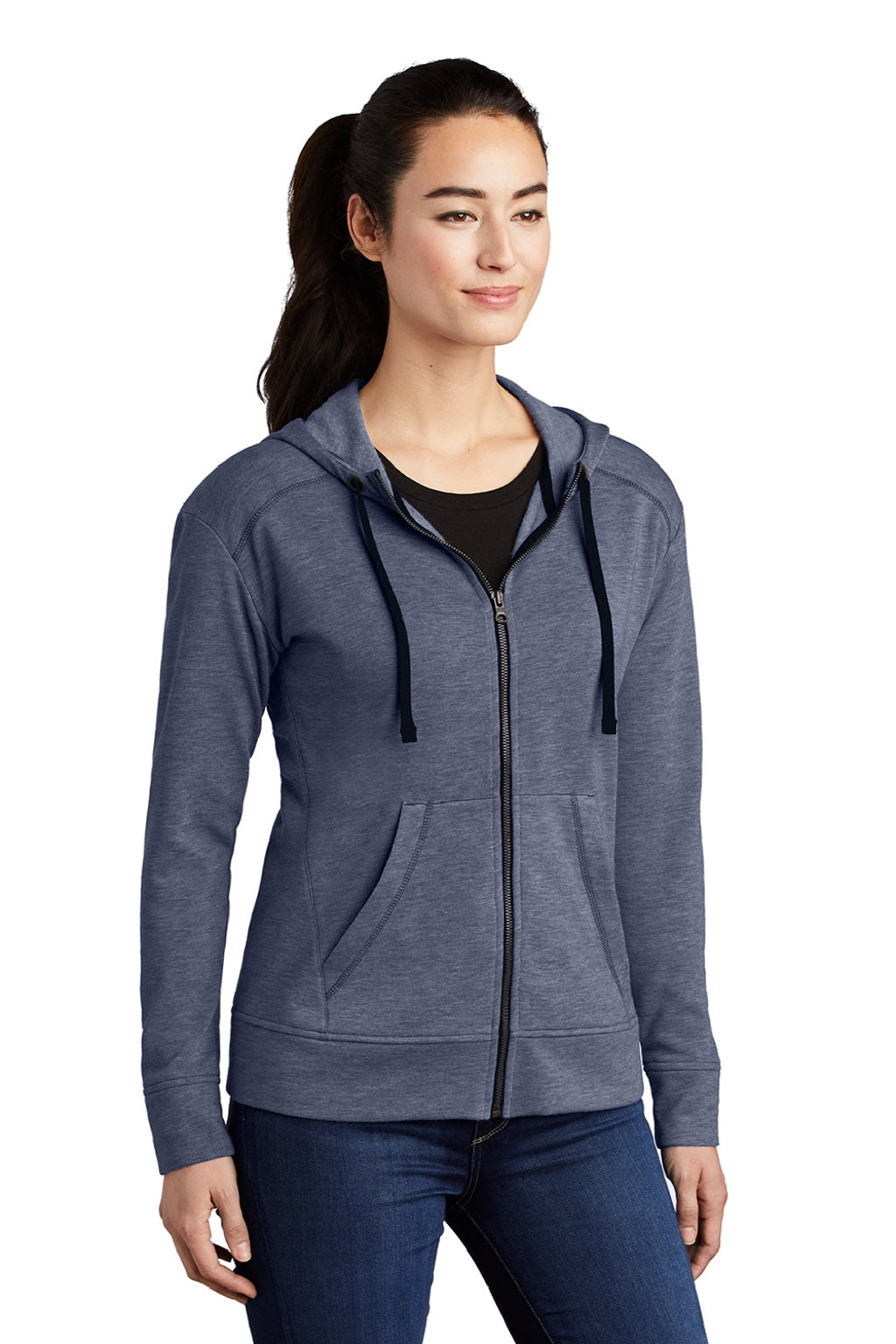 Sport-Tek LST293 Womens Moisture Wicking Fleece Full Zip Hooded Sweatshirt Hoodie w/ Pockets Heather True Navy Blue Model 3q