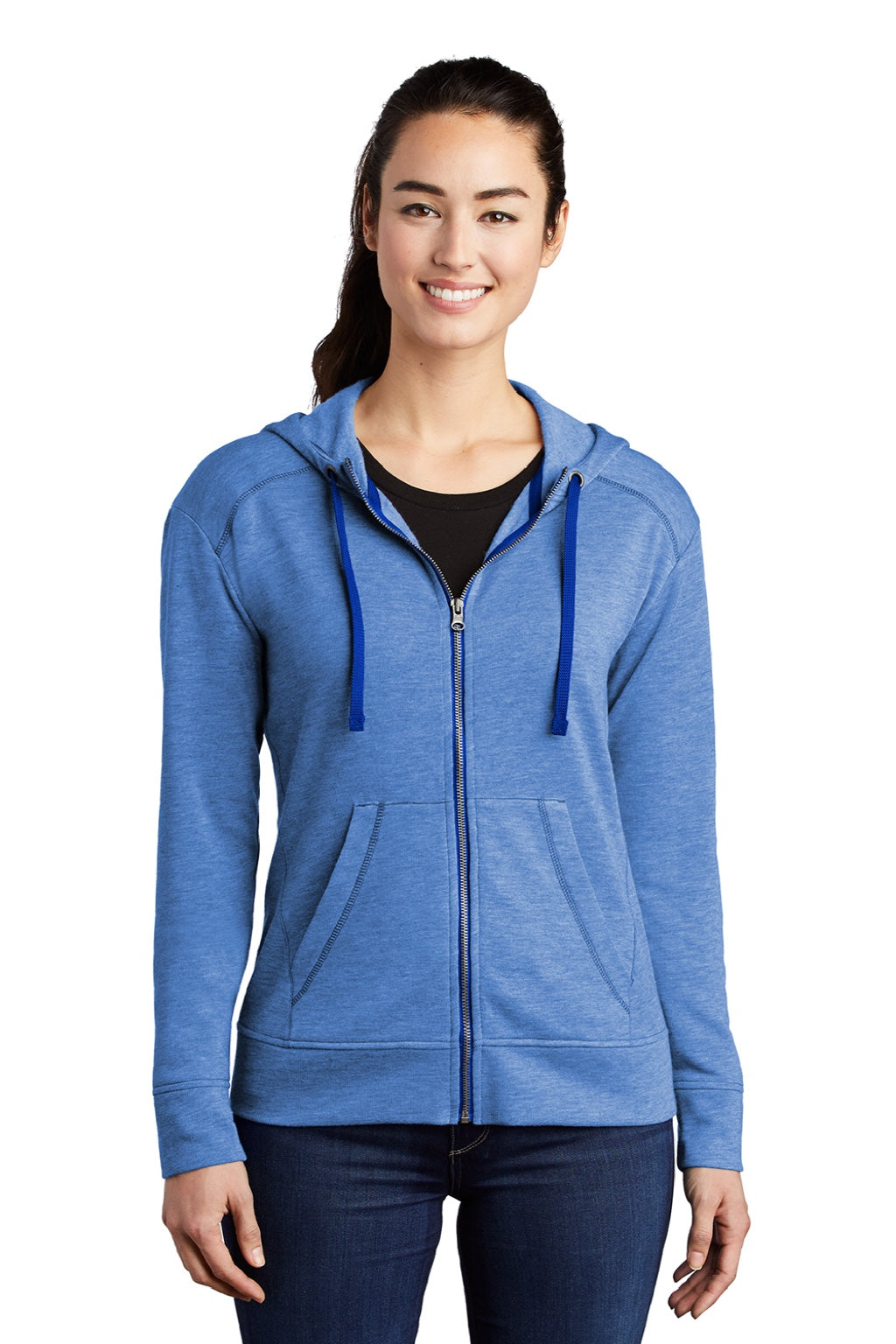Sport-Tek LST293 Womens Moisture Wicking Fleece Full Zip Hooded Sweatshirt Hoodie w/ Pockets Heather True Royal Blue Model Front