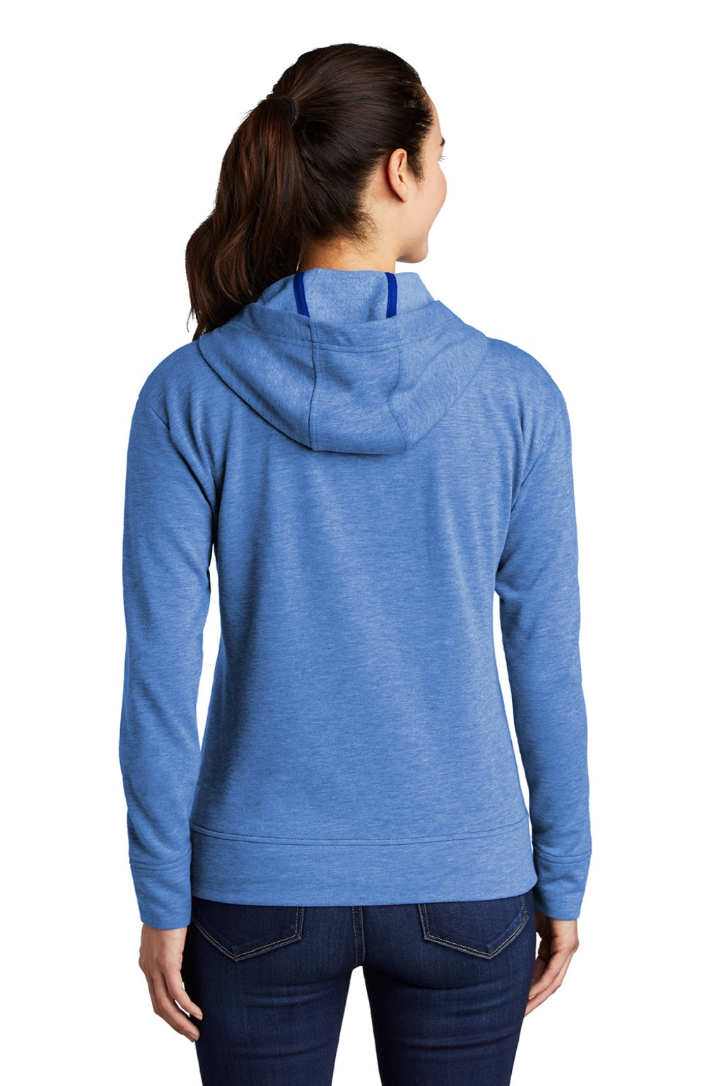 Sport-Tek LST293 Womens Moisture Wicking Fleece Full Zip Hooded Sweatshirt Hoodie w/ Pockets Heather True Royal Blue Model Back