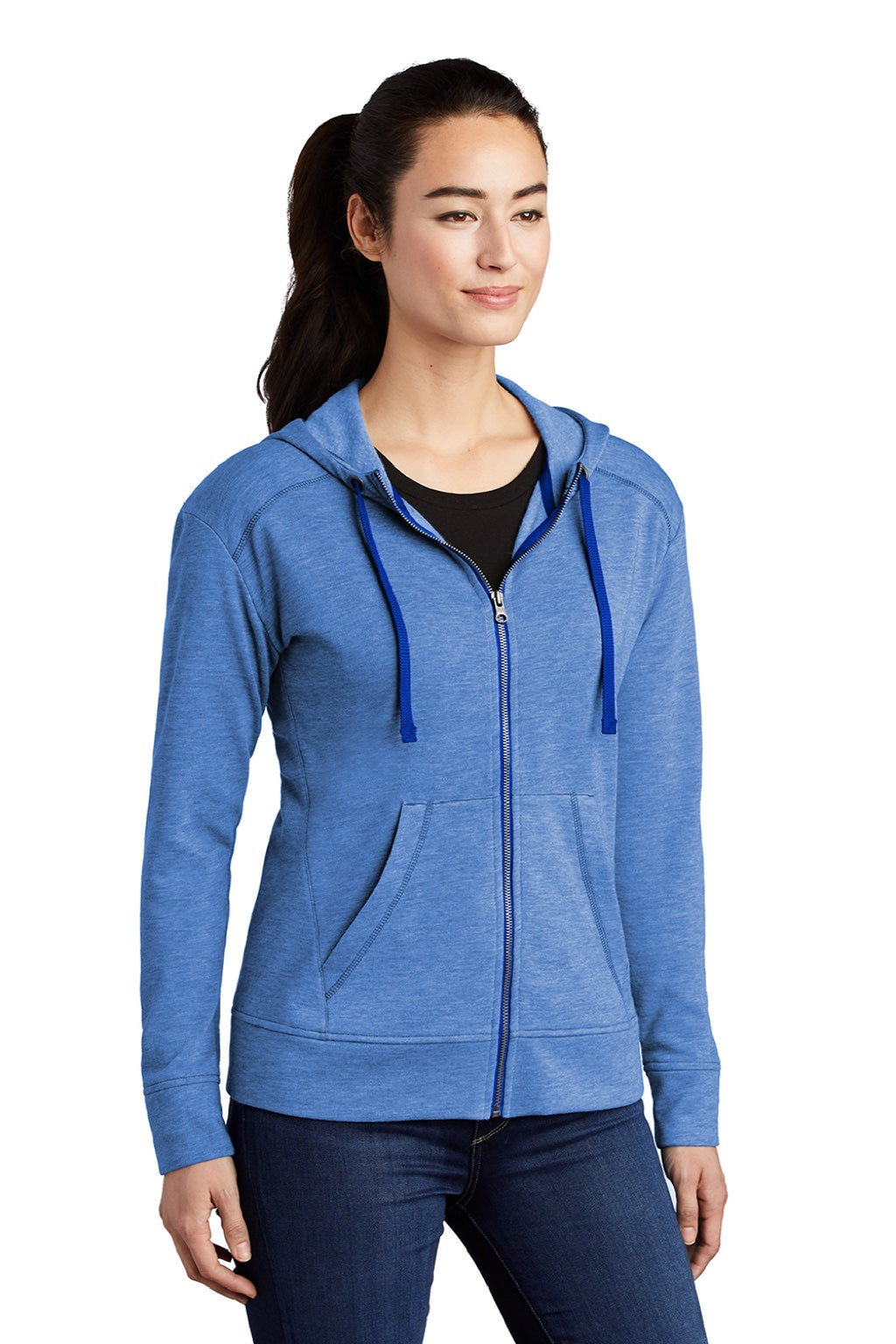 Sport-Tek LST293 Womens Moisture Wicking Fleece Full Zip Hooded Sweatshirt Hoodie w/ Pockets Heather True Royal Blue Model 3q