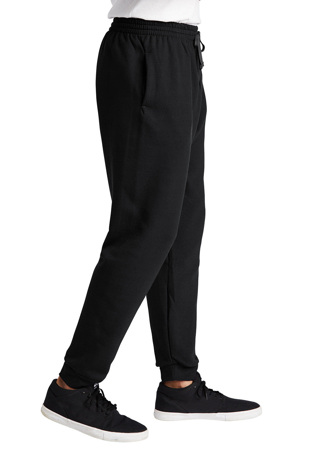 Jerzees 975MP/975MPR Mens NuBlend Fleece Jogger Sweatpants w/ Pockets Black/Heather Charcoal Grey Model Side