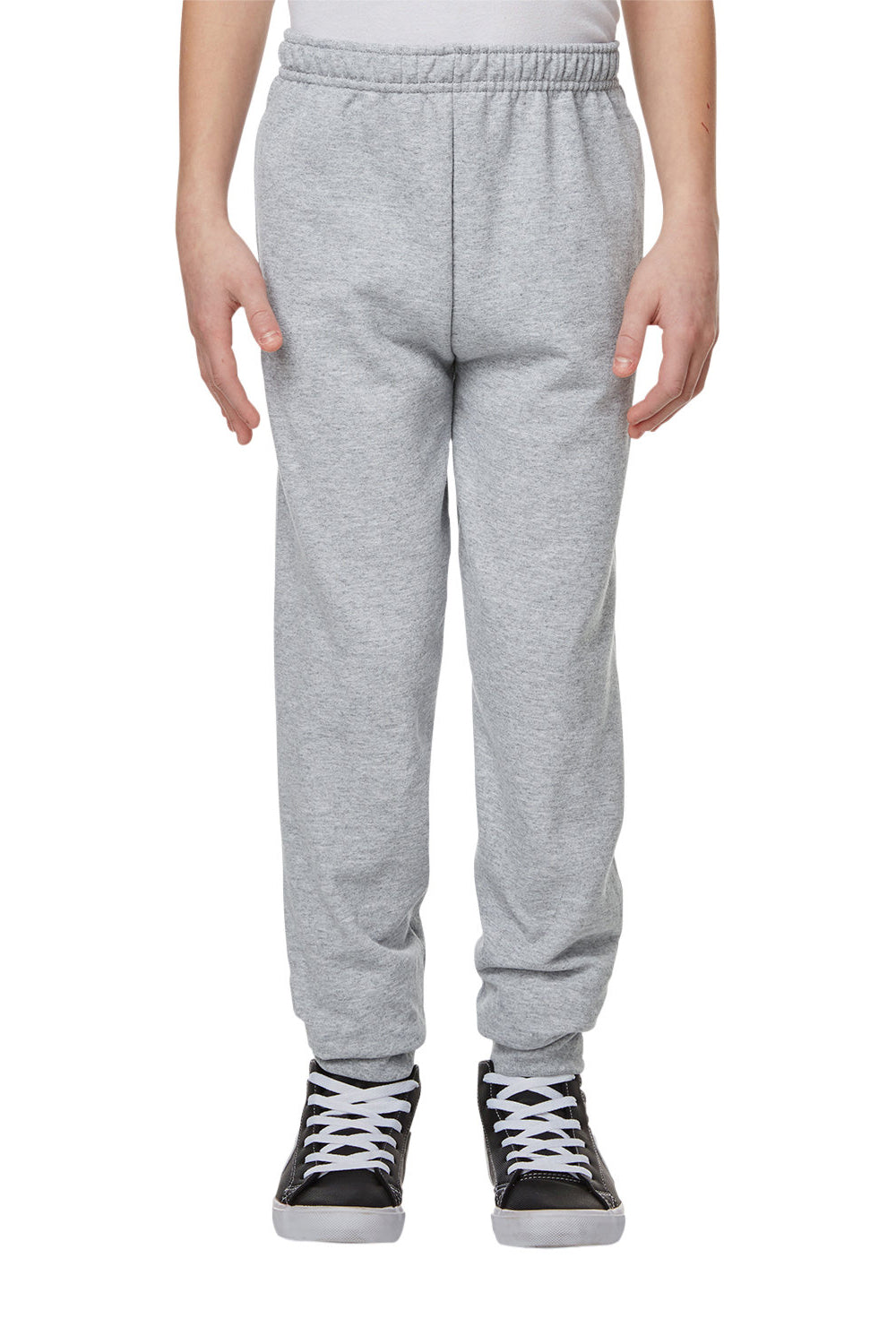 Jerzees 975YR Youth NuBlend Fleece Pill Resistant Jogger Sweatpants w/ Pockets Heather Grey Model Front