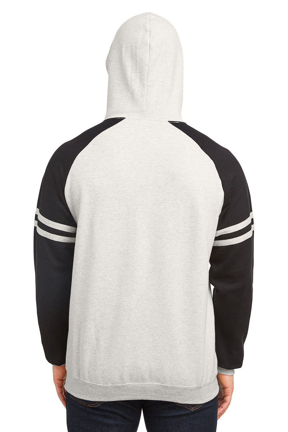 Jerzees 97CR Mens NuBlend Fleece Varsity Colorblock Hooded Sweatshirt Hoodie w/ Pouch Pocket Heather Oatmeal/Black Model Back